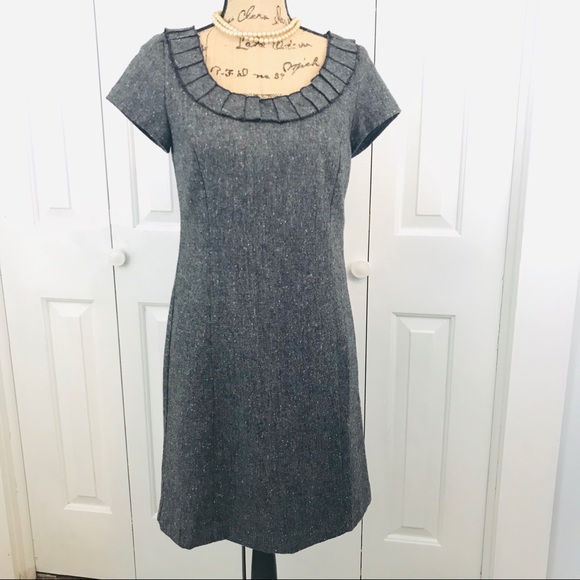 LOFT Dresses & Skirts - LOFT Black-Gray Tweed Dress Ruffle Crew Neck